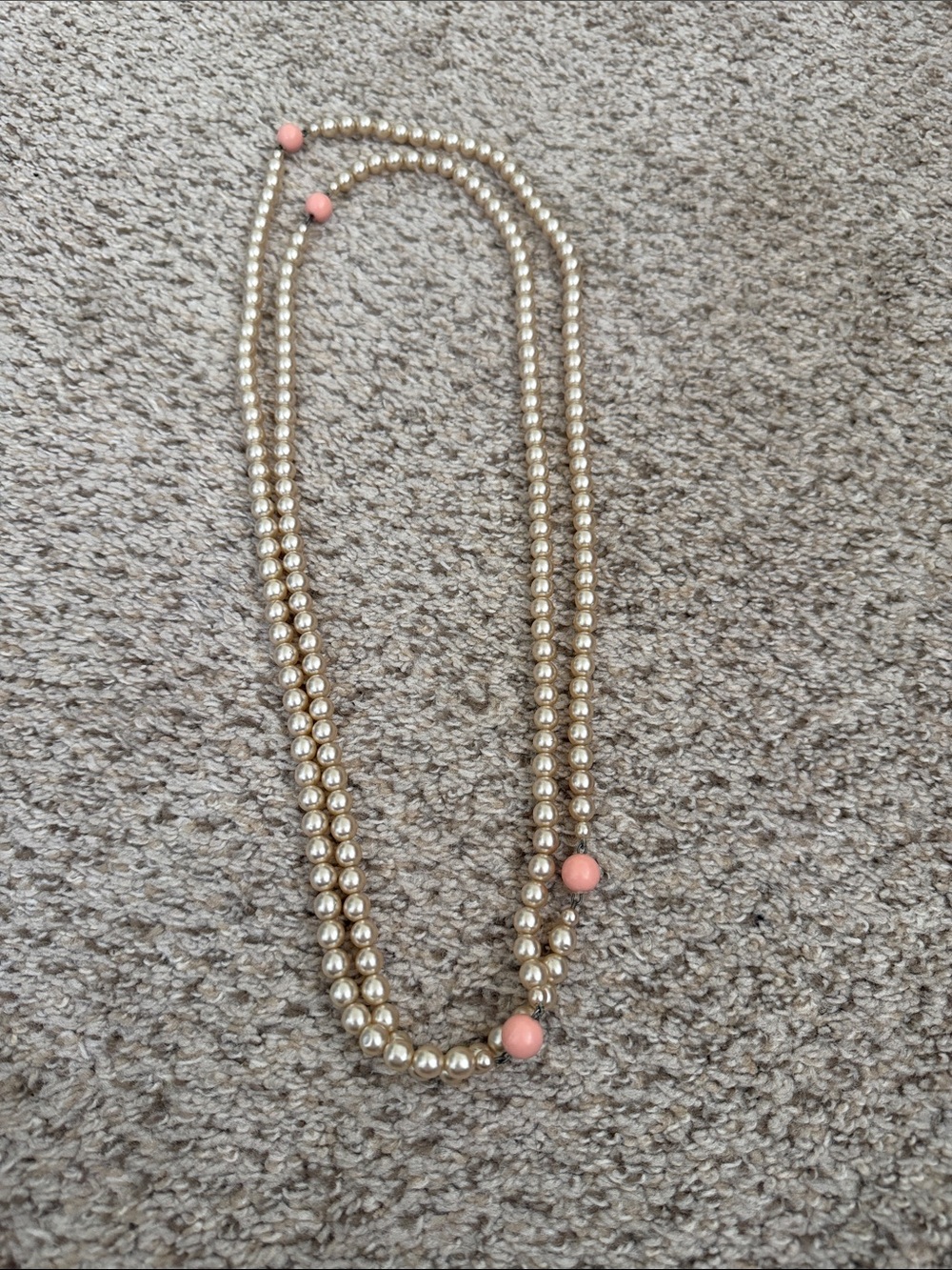 Vintage Pearl Double Strand Necklace with Pink Accent Beads
